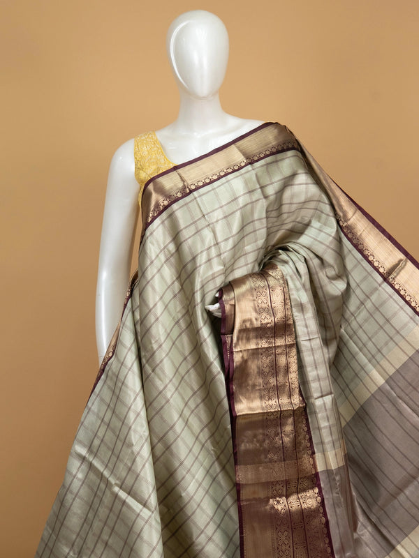 Sage grey checked Kanchi semi silk saree with contrast wine border and gold zari pallu