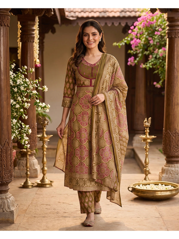 Mehendi green Ajrakh print cotton kurti set with maroon prints and matching dupatta