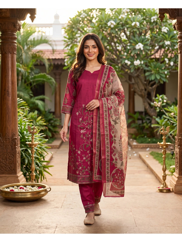 Rani Pink art silk kurti set with floral motifs and Kalamkari-print beige dupatta