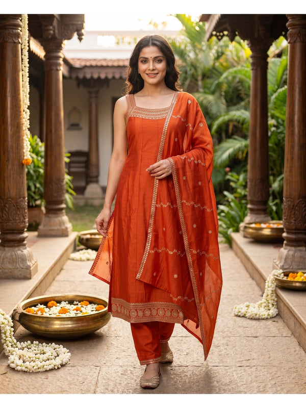 Orange embroidered art silk sleeveless kurti set with matching dupatta and straight pants