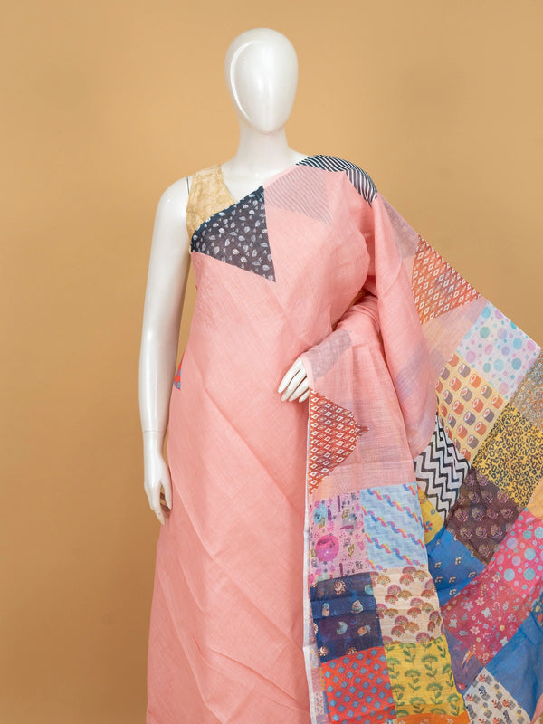 Peach linen cotton saree with multicolour patchwork printed pallu and border