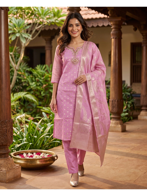 Pink zari woven kurti set with embellished neckline, straight pants and matching gold-woven dupatta