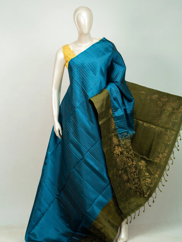 Peacock blue Kanchipuram pure mix saree with gold zari checks and olive green contrast zari border and pallu