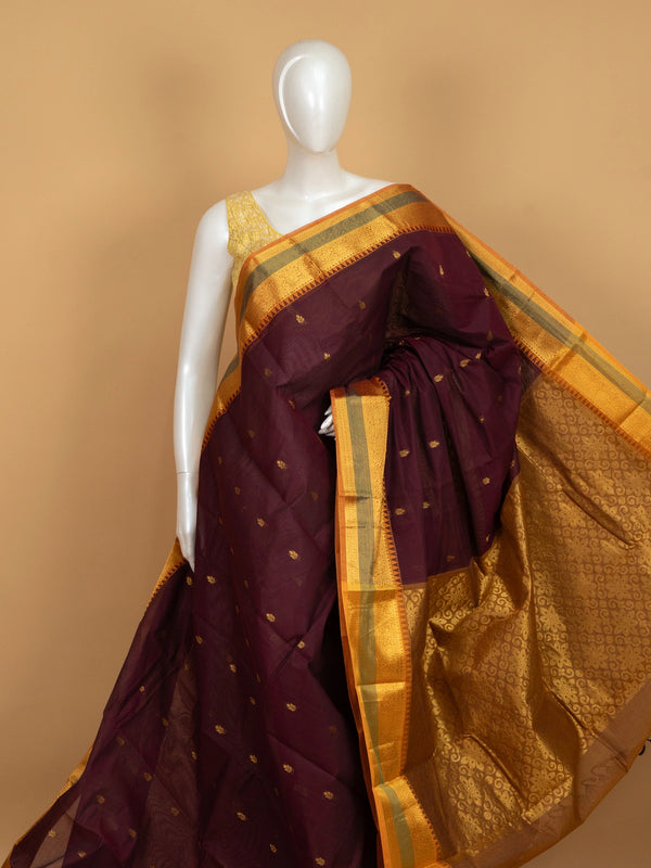 Wine maroon Chettinad cotton saree with mustard-gold zari border and brocade pallu