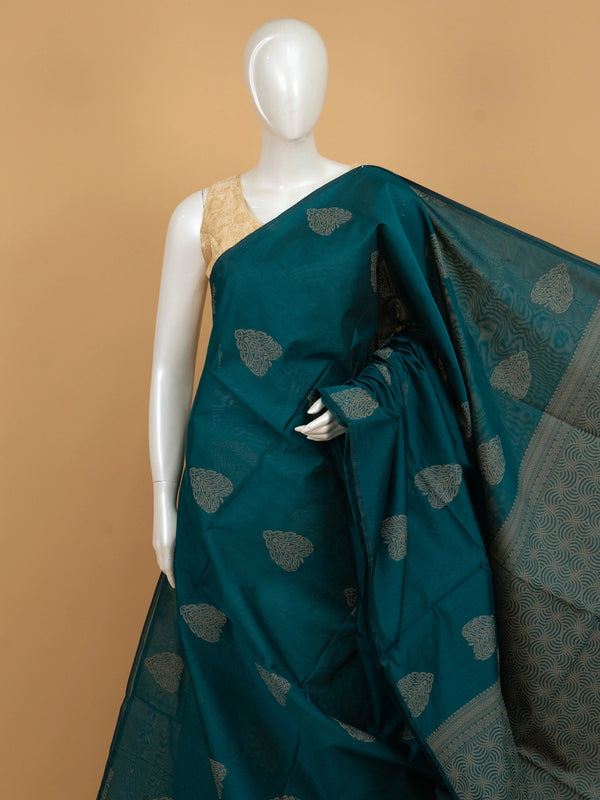 Peacock teal blue silk cotton saree with beige woven buta motifs and patterned pallu