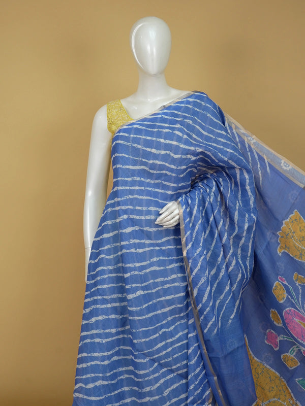 Blue and white leheriya batik linen cotton saree with golden zari border and floral pallu