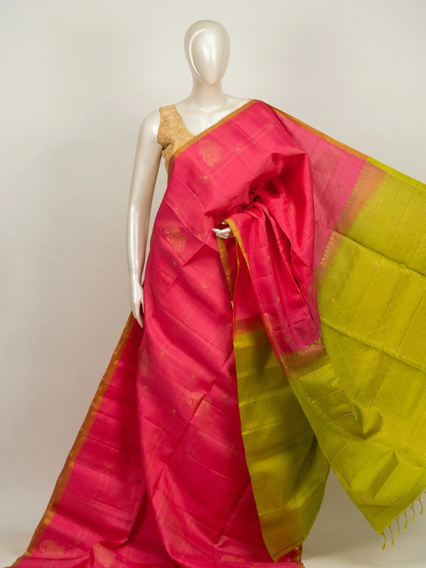 Rani pink Kanchipuram pure mix saree with gold zari checks and contrast lime green border and pallu