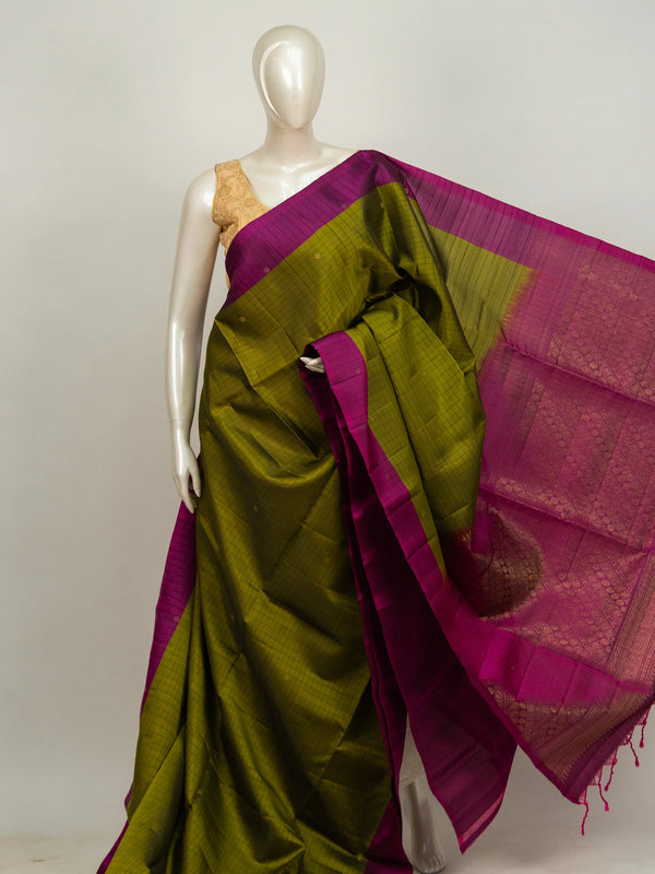 Mehendi green Kanchipuram Pure Mix saree with magenta contrast border and gold zari pallu
