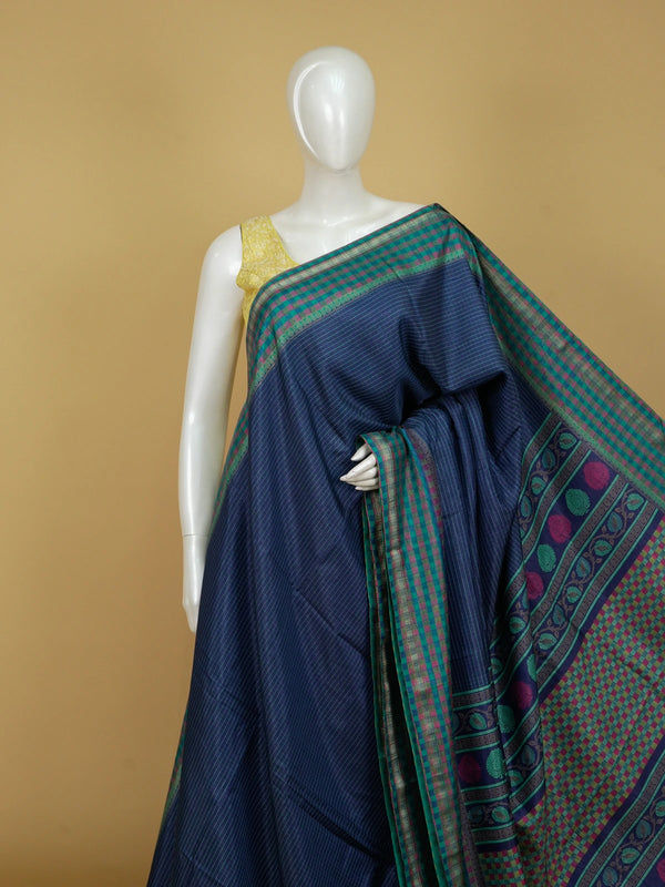 Navy blue Dola silk saree with teal-green contrast checked border and paisley motif pallu