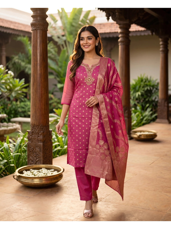 Pink zari woven Chanderi silk kurti set with embellished neckline and gold border dupatta
