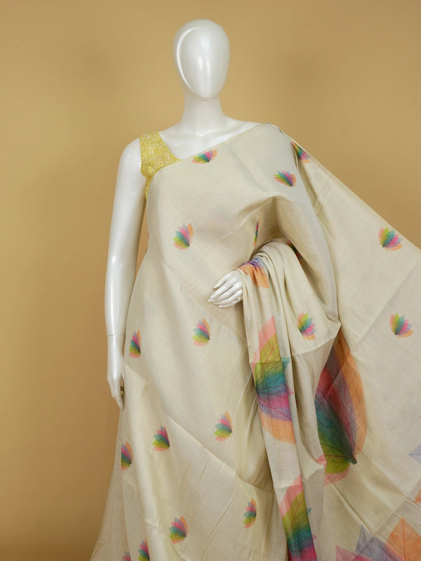 Cream linen cotton saree with multicoloured leaf and lotus-petal prints