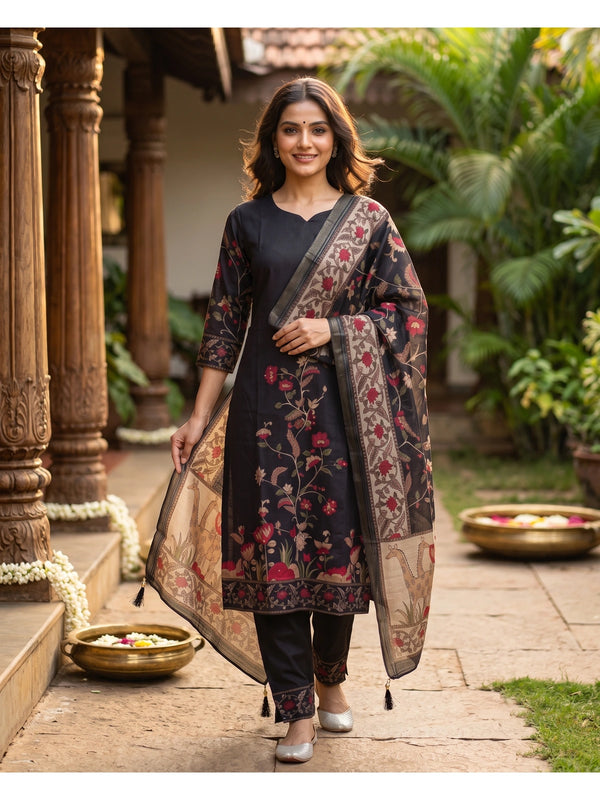 Black floral cotton kurti set with straight pants and Kalamkari print dupatta
