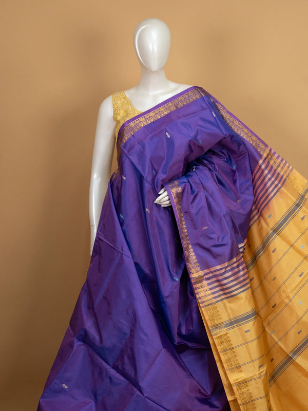 Purple banana silk saree with gold zari border and contrast mustard pallu
