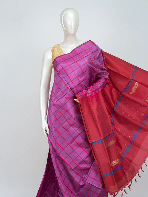 Magenta pink checked Banana silk saree with contrast red zari pallu and border