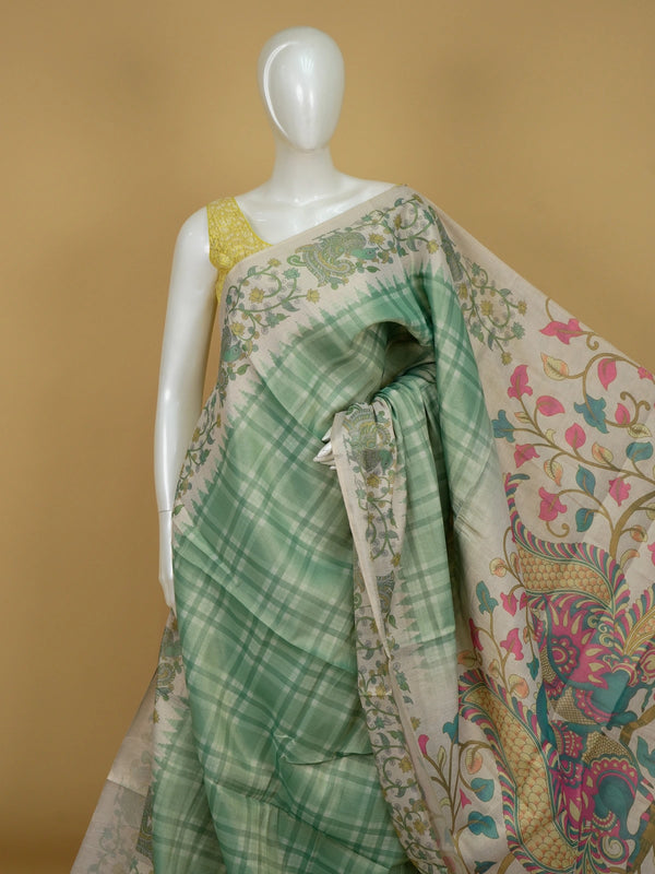 Sea green and cream linen cotton saree with checked body and Kalamkari peacock floral pallu
