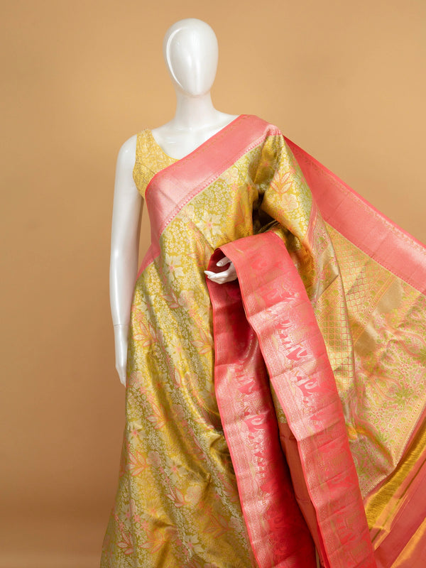 Mehendi green Pure Kanchipuram silk saree with pink contrast zari border and elephant motifs