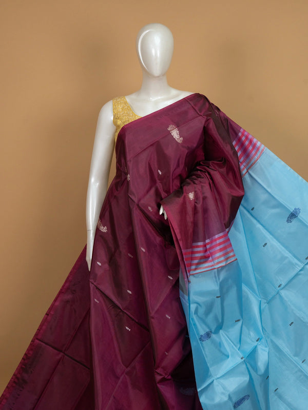 Wine Banana silk saree with silver buttis and contrast sky blue pallu