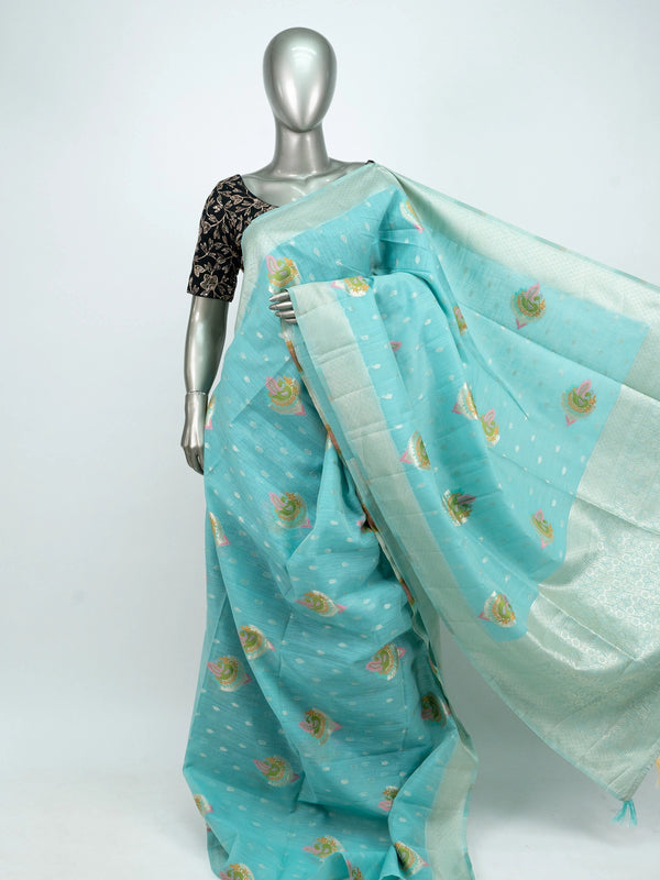 Aqua blue linen cotton saree with silver zari border, colourful peacock motifs and contrast black blouse