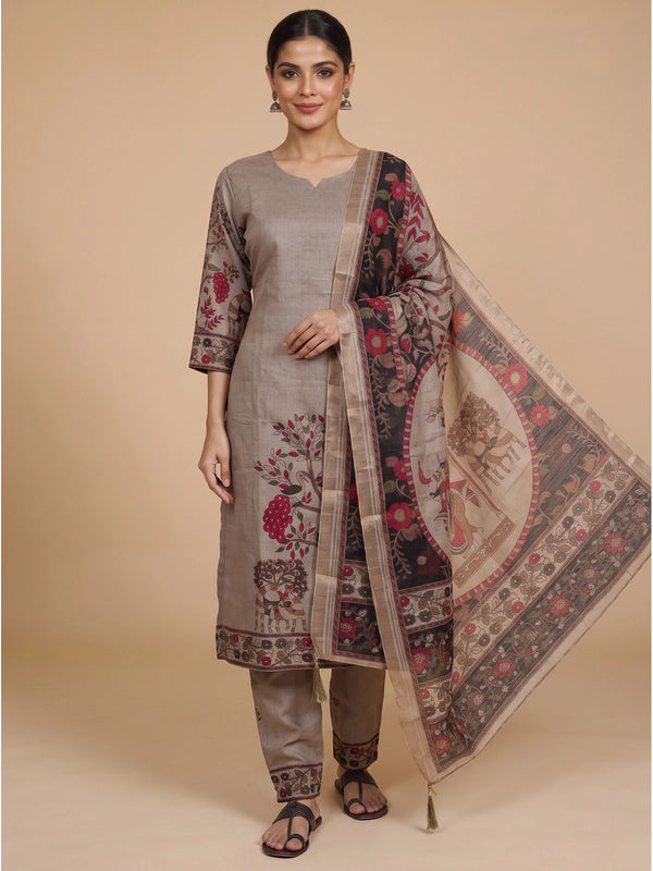 Beige Kalamkari printed kurti set with black figurative dupatta and straight pants