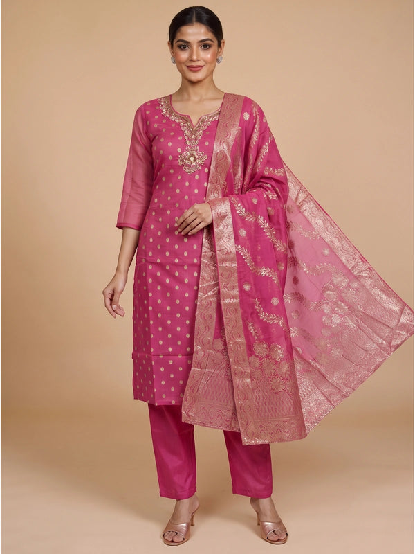 Pink zari woven Chanderi silk kurti set with embellished neckline and gold border dupatta