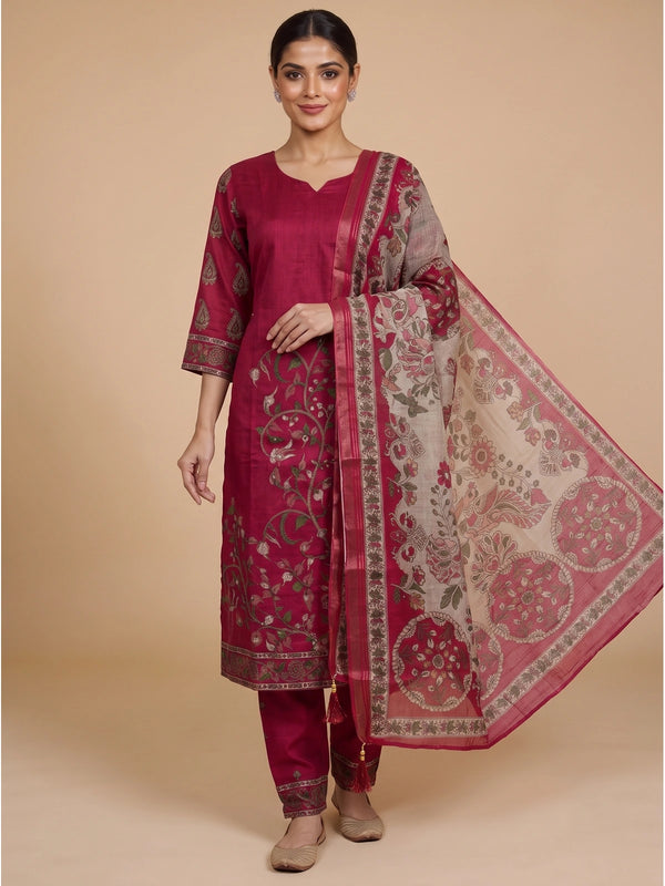 Rani Pink art silk kurti set with floral motifs and Kalamkari-print beige dupatta