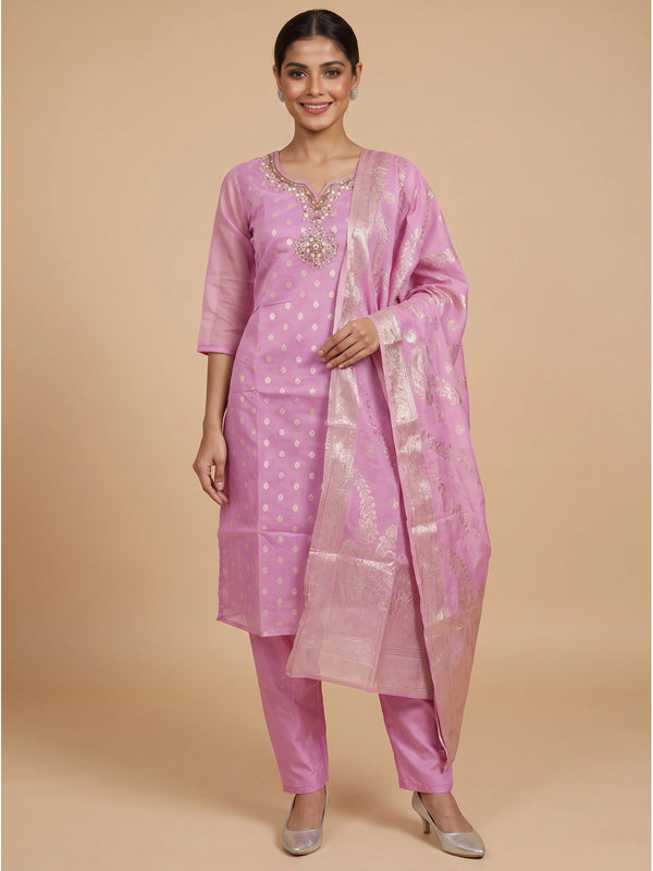 Pink zari woven kurti set with embellished neckline, straight pants and matching gold-woven dupatta