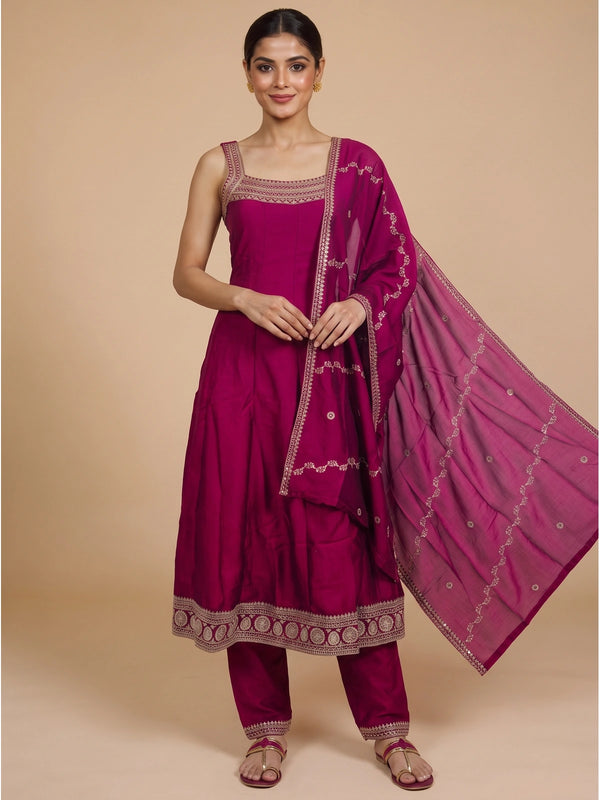 Rani Pink zari embroidered sleeveless A-line kurti set with straight pants and matching embroidered dupatta