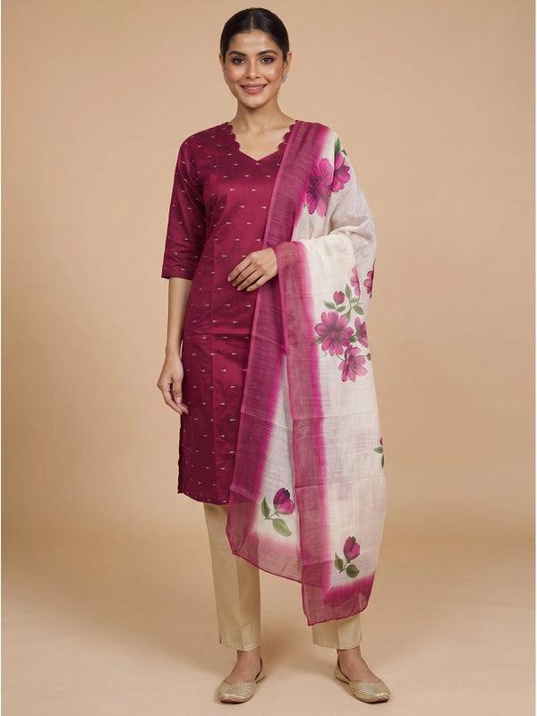 Magenta zari buti kurti set with beige pants and cream floral printed dupatta