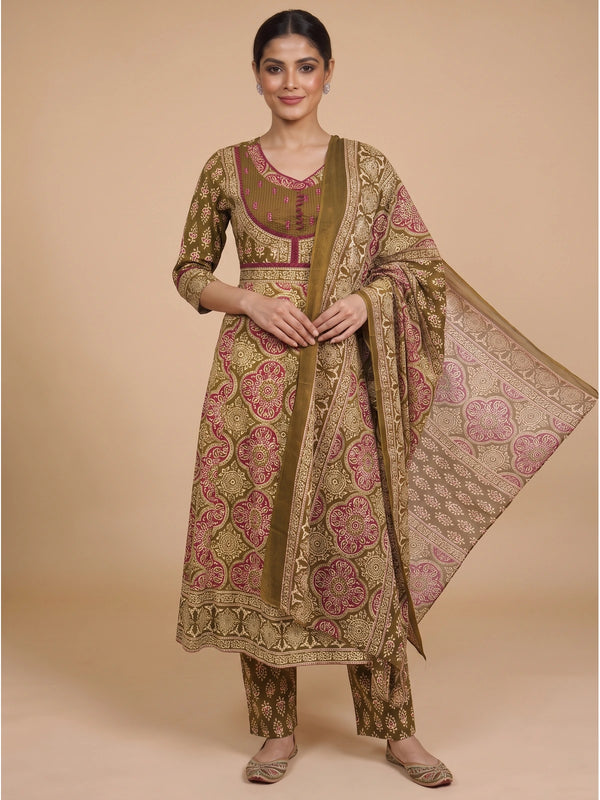 Mehendi green Ajrakh print cotton kurti set with maroon prints and matching dupatta