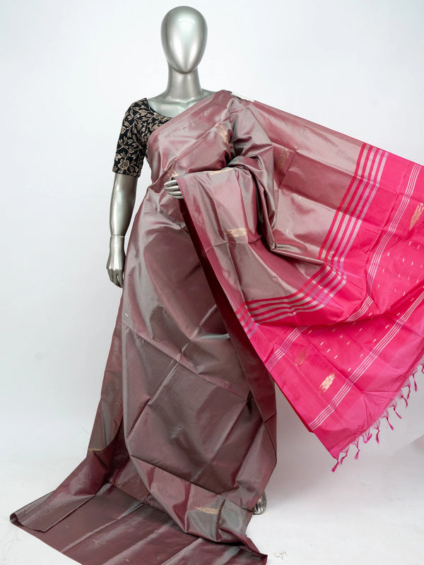 Dusty mauve banana silk saree with contrast pink zari pallu and black embroidered blouse