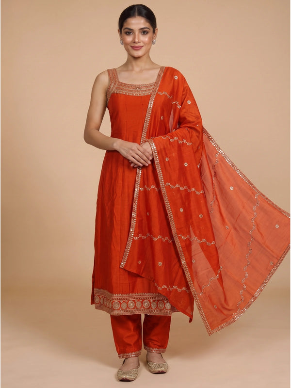 Orange embroidered art silk sleeveless kurti set with matching dupatta and straight pants