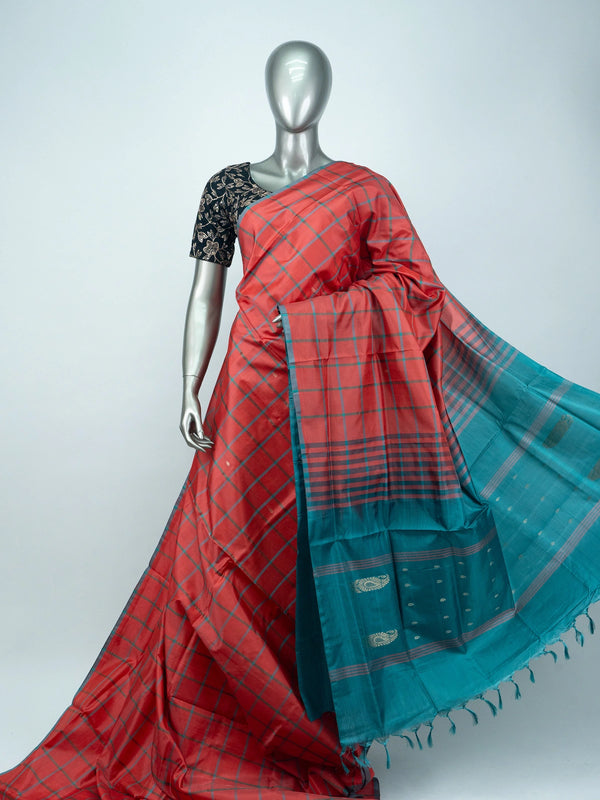 Coral red checked Banana Silk saree with contrast teal striped pallu and border