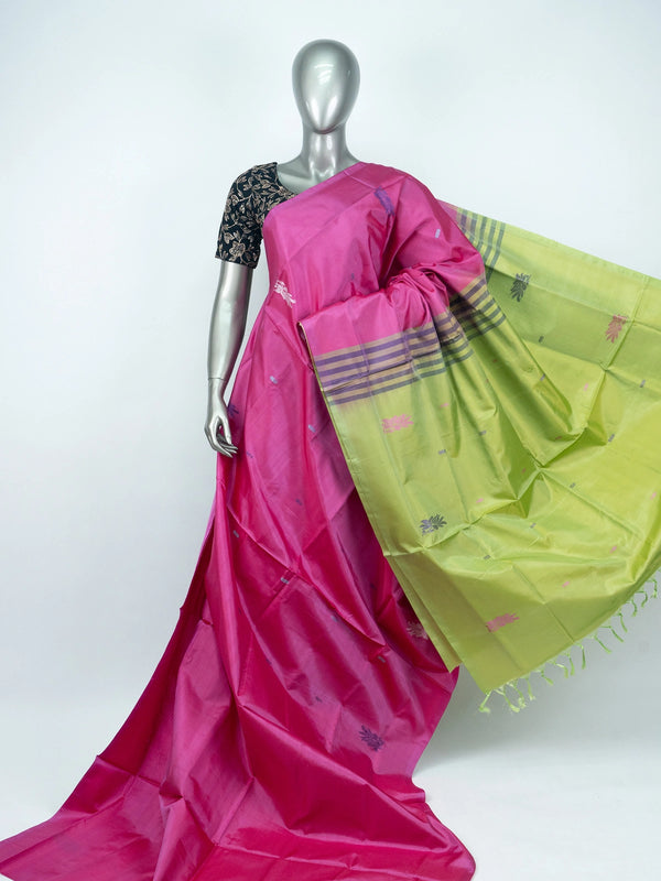 Rani pink Banana Silk saree with lime green contrast pallu, gold zari border and woven floral buttas