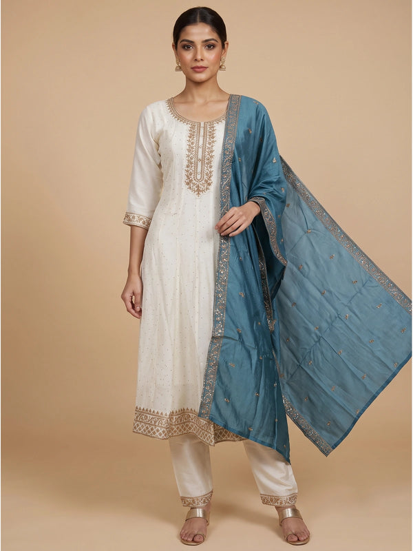 Off-White cream kurti set with gold zari embroidery and contrasting teal blue dupatta