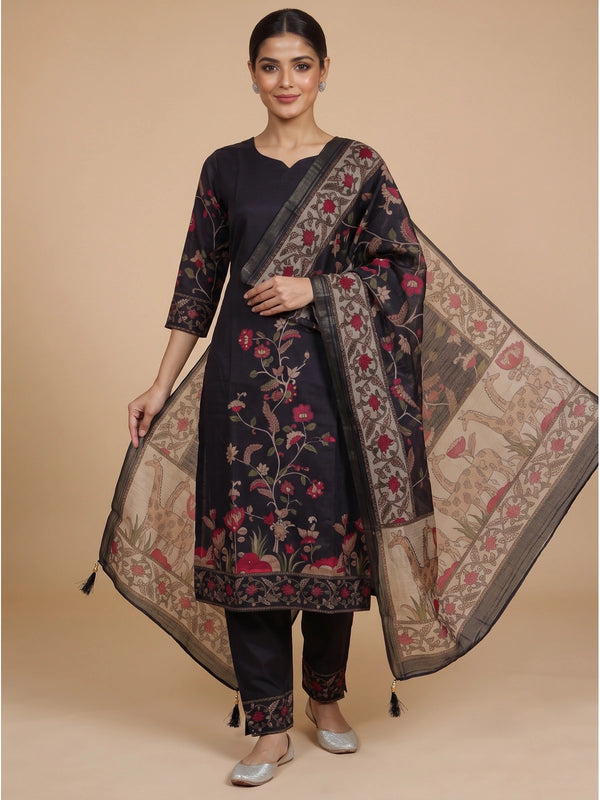 Black floral cotton kurti set with straight pants and Kalamkari print dupatta