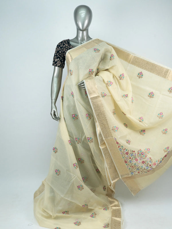 Cream linen cotton saree with gold zari border and multicolour floral embroidery