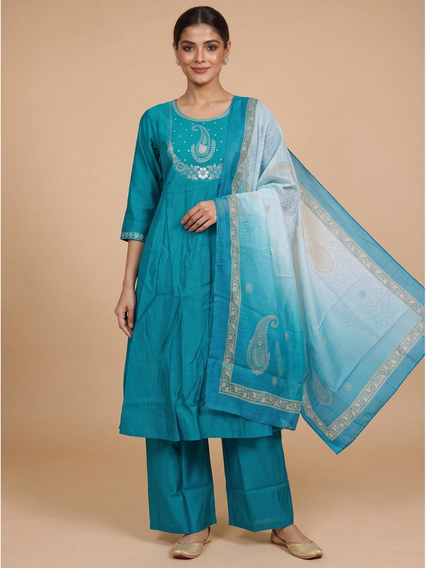 Teal blue embroidered A-line kurti set with ombre paisley dupatta and straight pants