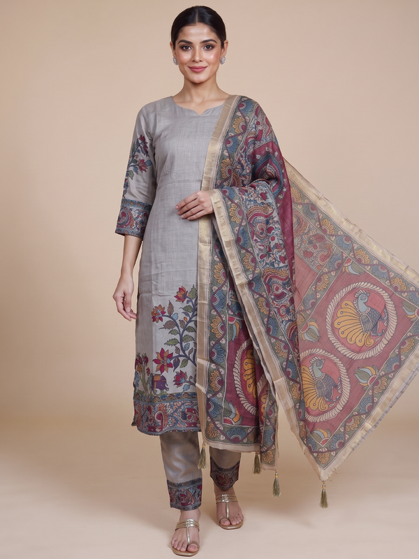 Grey Kalamkari ready made kurti set with multicolour peacock motif dupatta and straight-fit pants