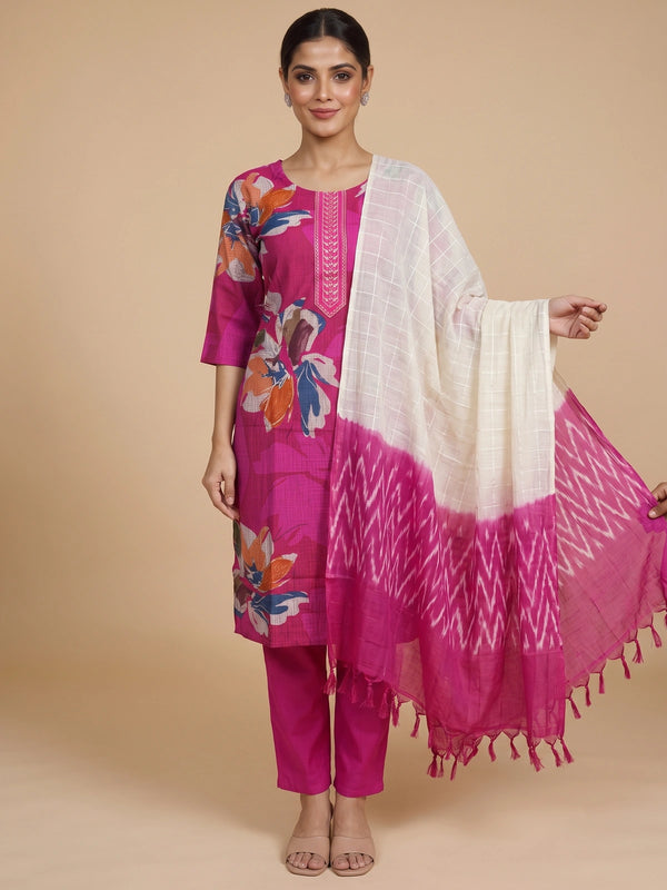 Magenta pink floral printed kurti set with straight pants and cream ombre ikat dupatta