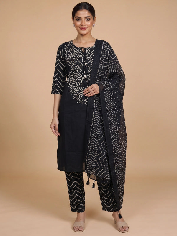 Black and cream Bandhani print cotton kurti set with straight pants and matching dupatta