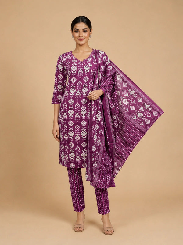 Purple and white ikat print cotton kurti set with matching pants and dupatta