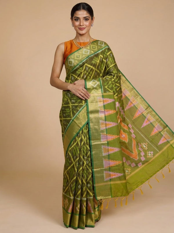 Olive Green with Light Green - Pochampalli Cotton Saree