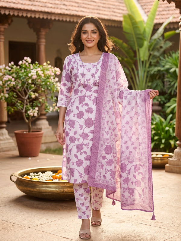 White and mauve floral cotton kurti set with matching pants and printed dupatta