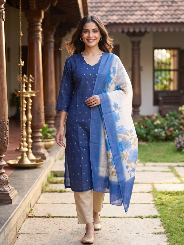 Navy blue zari butti kurti set with beige pants and cream blue floral print dupatta