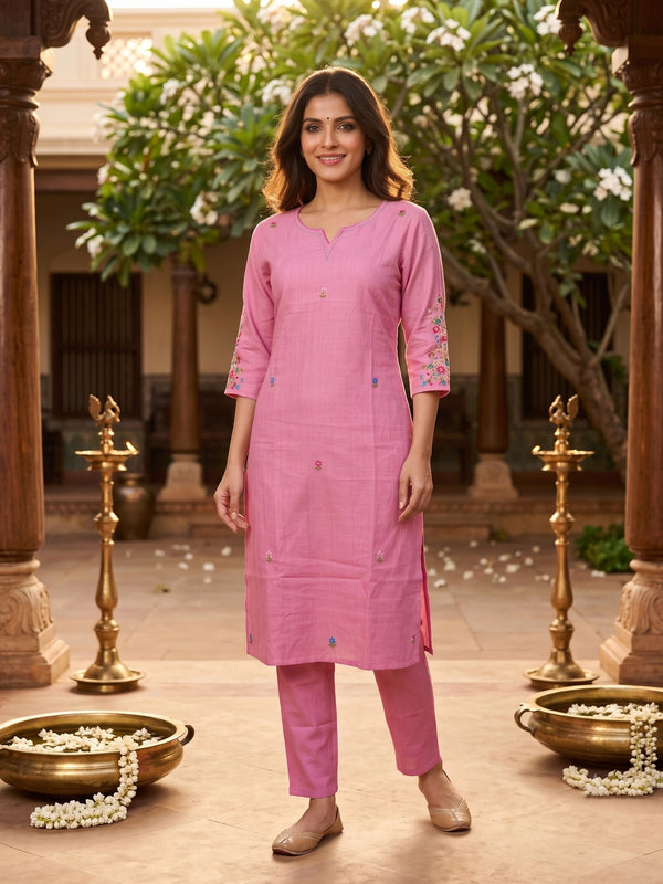 Pink floral embroidered cotton kurti set with matching straight-fit pants