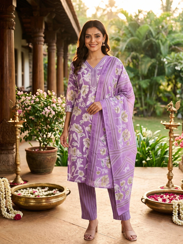 Purple floral cotton kurti set with mirror work neckline, striped pants and printed dupatta