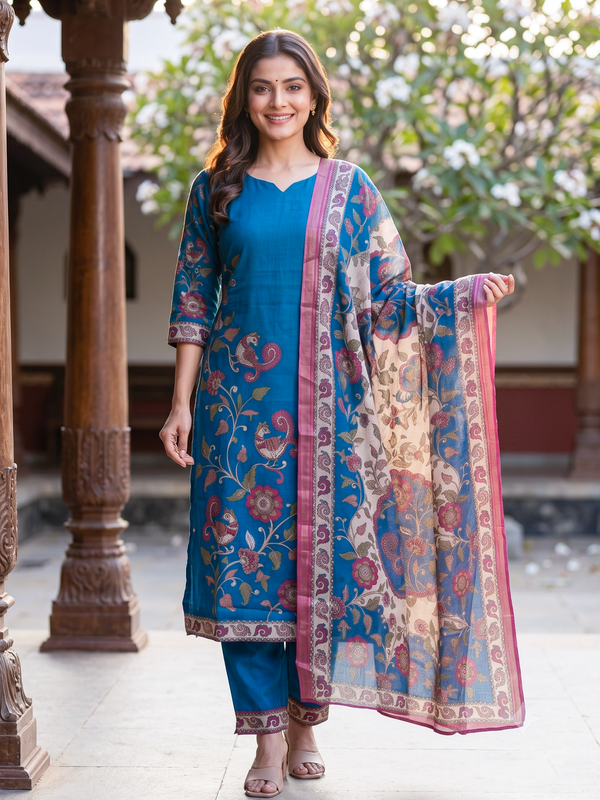Blue Kalamkari print ready made kurti set with straight pants and contrasting cream floral dupatta