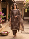 Brown Block Print Cotton Straight Cut Set with Dupatta