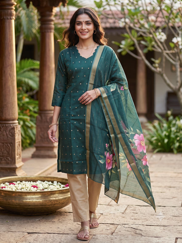 Deep green buti kurti set with beige pants and green floral printed zari-border dupatta