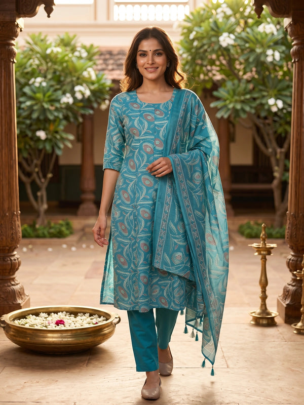 Teal floral printed cotton kurti set with straight pants and matching printed dupatta